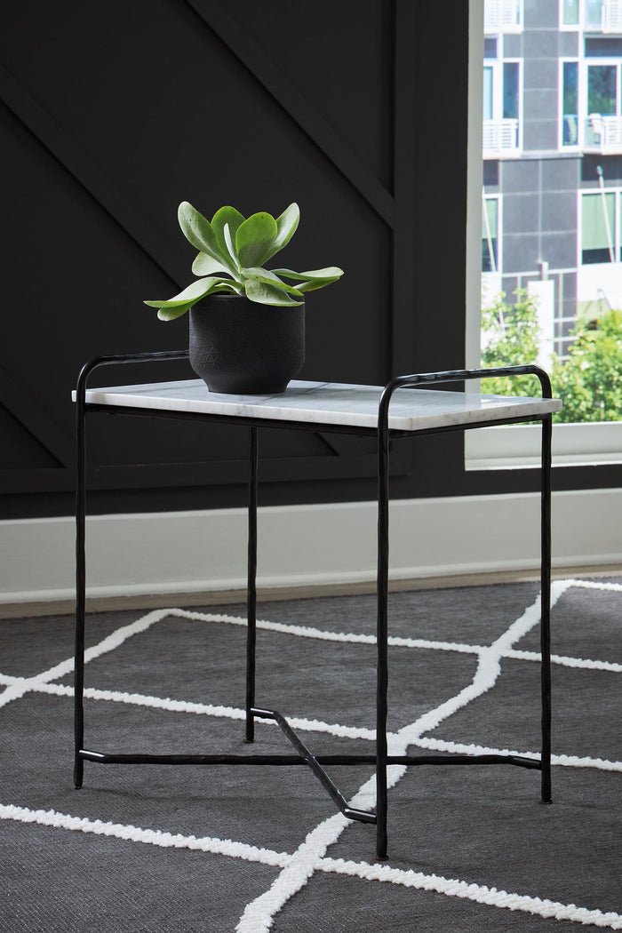 Black metal accent table with rectangular top and open lower shelf