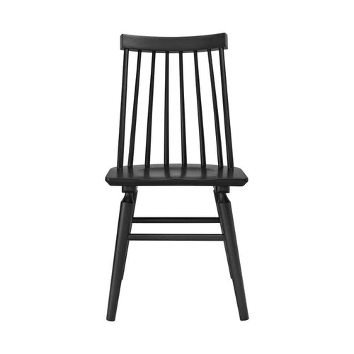 Black wooden Windsor side chair with curved slat back and flat seat