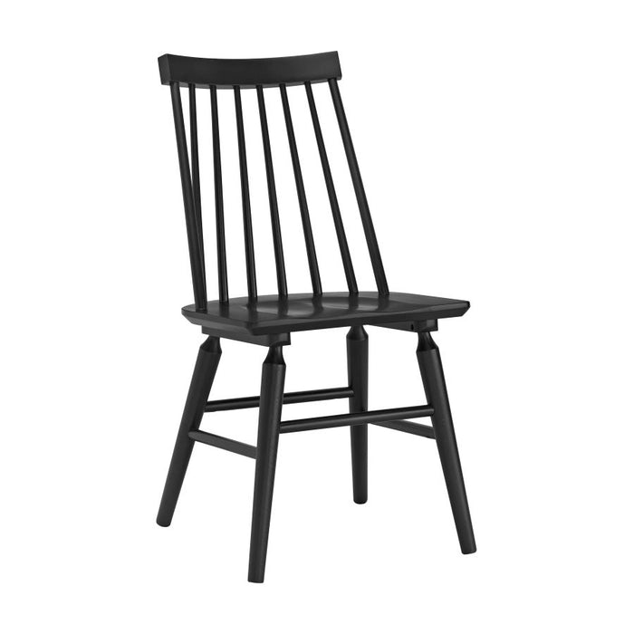 Black wooden Windsor side chair with slatted back, curved seat, and crossbar support