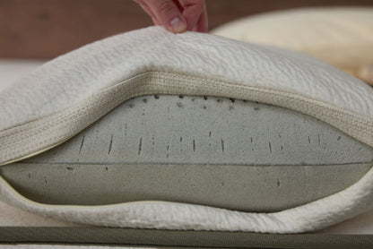 White latex pillow with textured cover and zippered seam, side cross-section