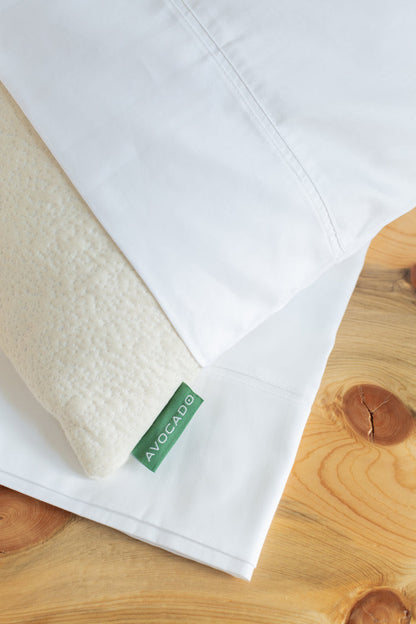 White organic cotton pillowcase edge with green Avocado tag