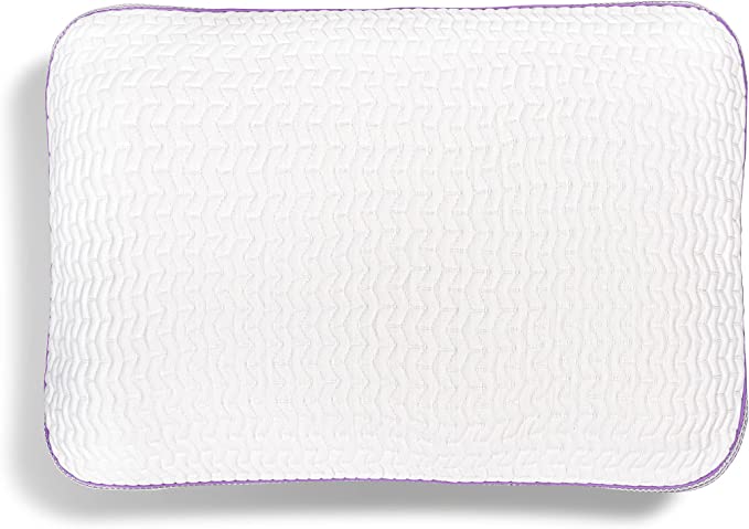 Performance pillow 1.0, white square top with purple edge piping