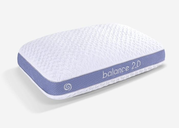 White pillow with blue edge and 'balance 2.0' label