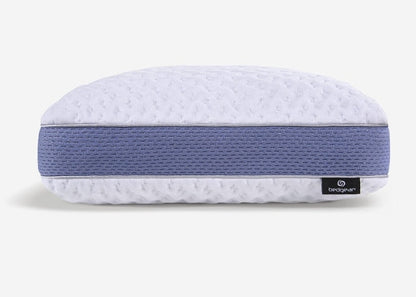 White pillow with blue base band and small logo patch
