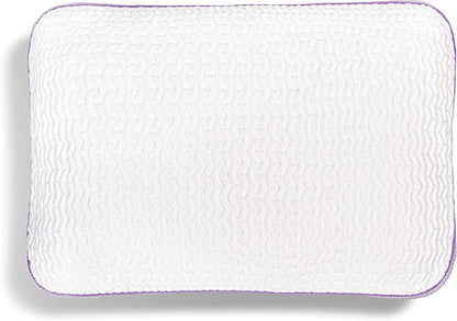 White pillow cover with wavy quilting and purple-trim border