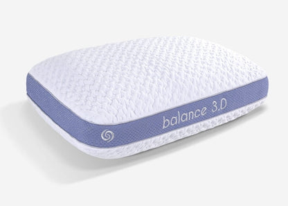 Blue and white performance pillow with quilted top and "balance 3.0" label