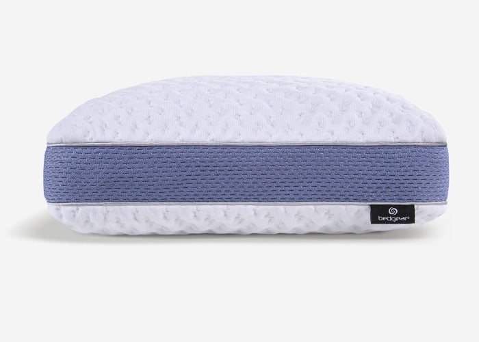 Blue and white pillow side profile with bedgear logo on bottom edge