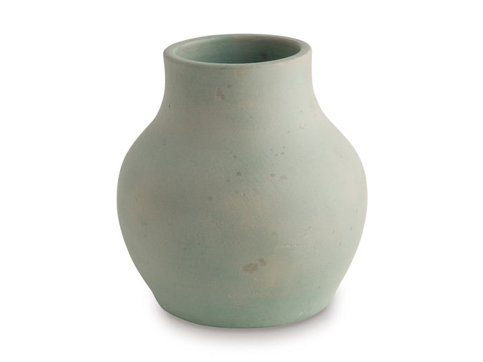 Light sage speckled ceramic vase, rounded bulb body with short flared neck
