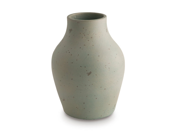 Light sage speckled ceramic vase with narrow neck and wide rounded body, front view