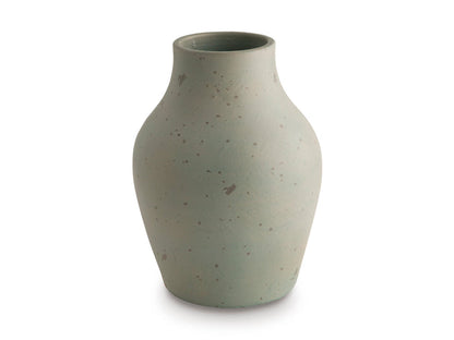 Light sage speckled ceramic vase with narrow neck and wide rounded body, front view