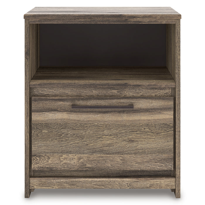 Dark gray wood nightstand front view with open compartment above a drawer.