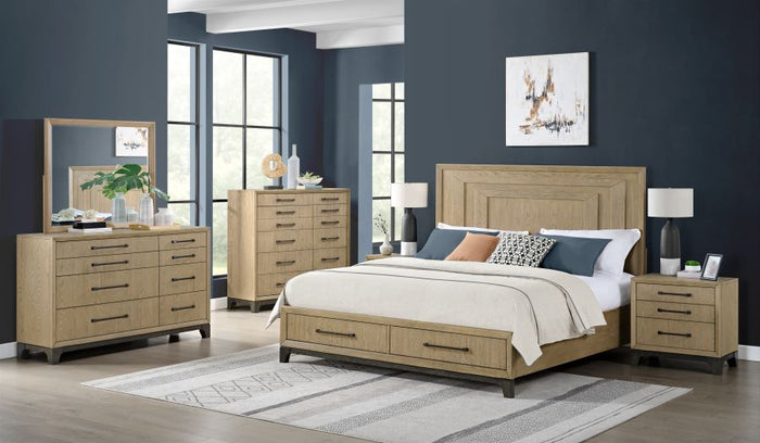 Wood open nightstand with drawer and lower shelf, dark legs, bar pull handle