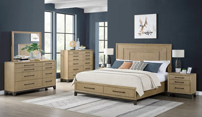 Wood open nightstand with drawer and lower shelf, dark legs, bar pull handle
