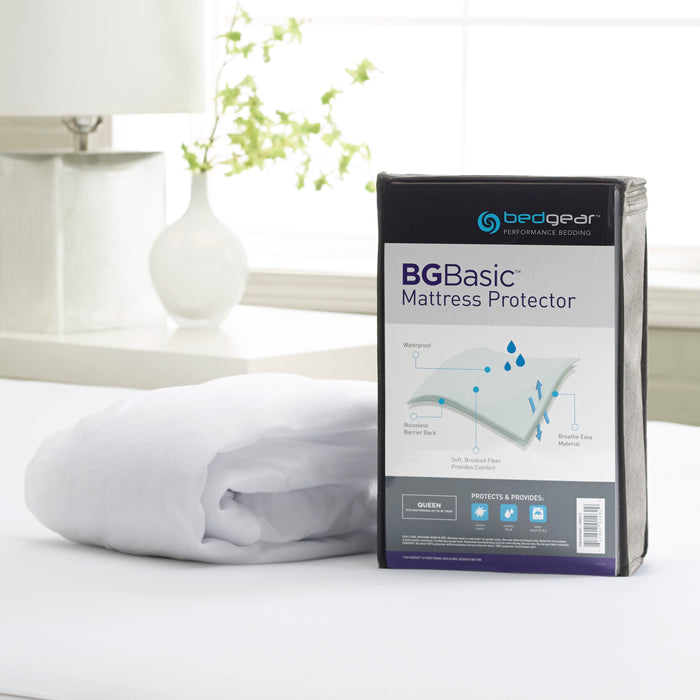 BGBasic mattress protector box with white folded protector beside it