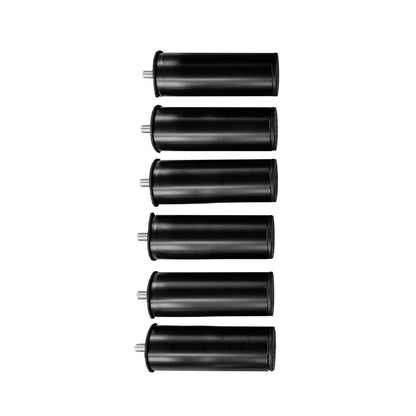 Set of six 4-inch black solid bed legs, cylindrical posts with metal mounting bolts