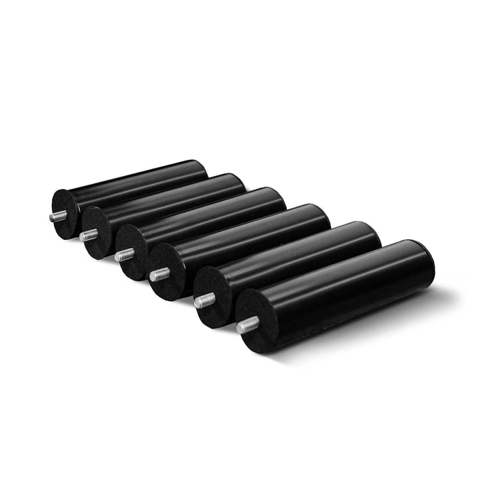 Set of six black metal bed legs with mounting bolts and caps