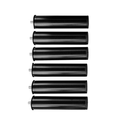 Set of six black bed frame legs, cylindrical design with silver mounting hardware