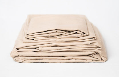Khaki microplush sheet set folded stack with smooth, plush-like fabric