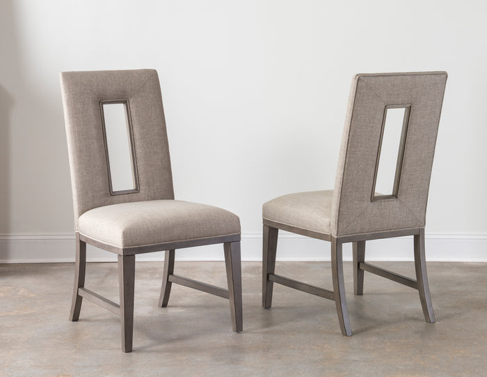 Light taupe upholstered side chairs with tall rectangular back and dark wood legs (pair)