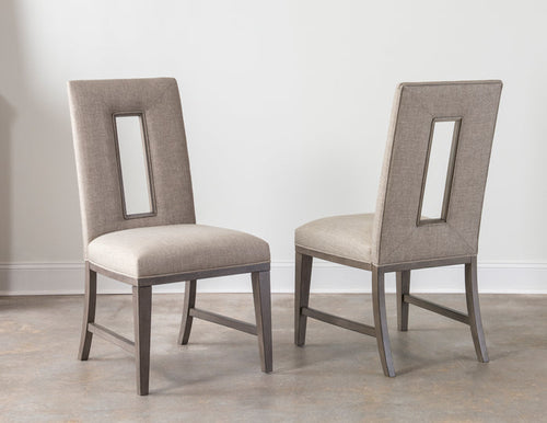 Light taupe upholstered side chairs with tall rectangular back and dark wood legs (pair)