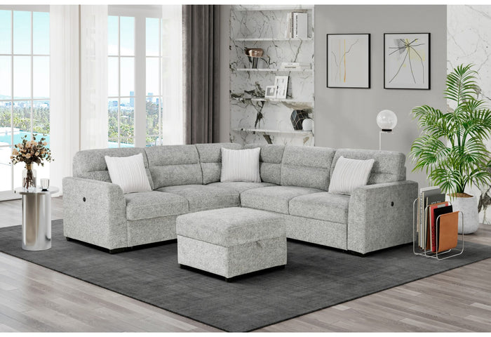 Gray upholstered storage ottoman with square cushion top and clean stitched edges