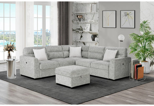 Gray upholstered storage ottoman with square cushion top and clean stitched edges