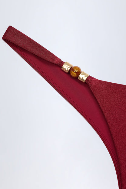 Bead-Embellished Cheeky Bikini Bottoms in Dark Cherry