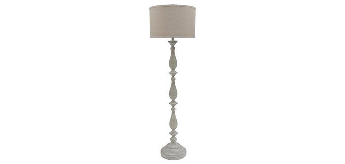 Floor lamp with fabric shade and carved pedestal base