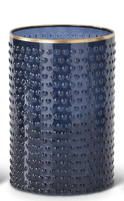 Medium Blue Dot Embossed Container with textured blue glass and gold-painted rim
