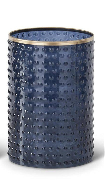Small Blue Dot Embossed Container with textured blue glass and gold-painted rim