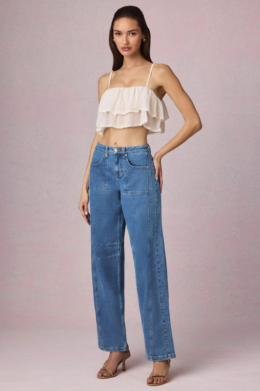 Mid-Rise Barrel-Leg Jeans in Mid-Blue Wash