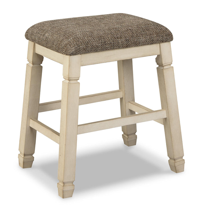 Counter-height upholstered bar stool with textured dark fabric seat and light wood legs