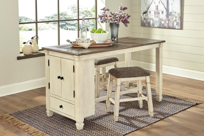 Set of counter-height bar stools with dark upholstered seats and light wood legs