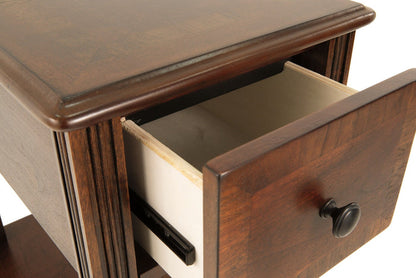 Wood end table drawer with metal knob and sliding drawer front