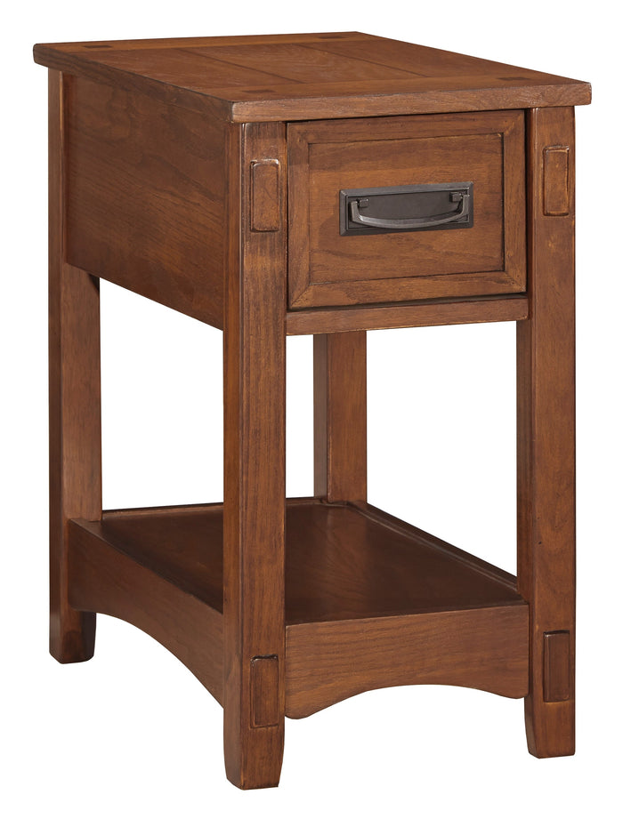 Cherry chairside end table with wide tabletop, drawer front, and lower shelf.