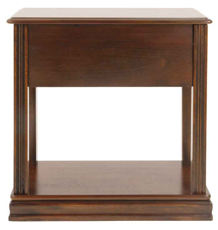 Rectangular wooden end table with flat top and open lower shelf