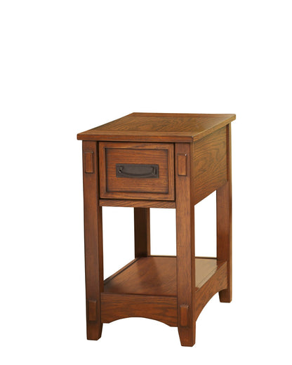 Cherry chairside end table with single drawer and lower open shelf, front view.
