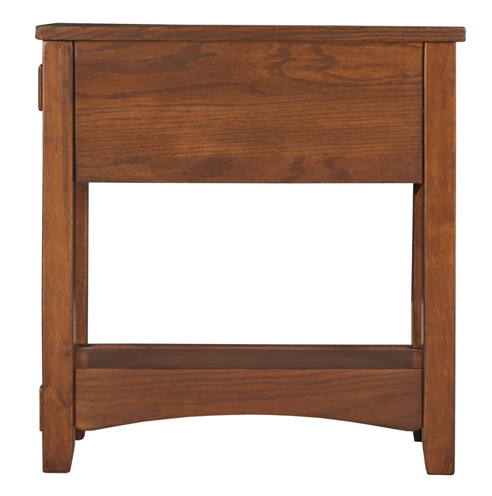 Cherry chairside end table with solid top and open space below.