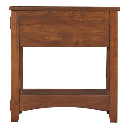 Cherry chairside end table with solid top and open space below.