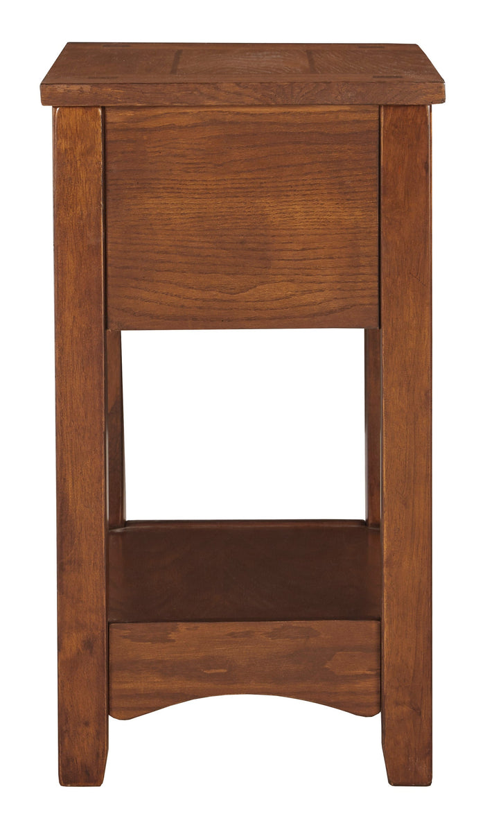 Cherry chairside end table with drawer front and rounded apron panel.