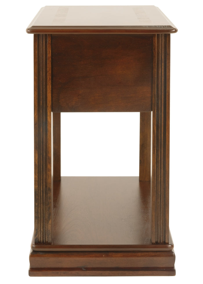 Dark wood end table with open shelf and square frame sides