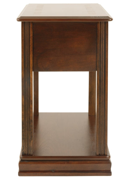 Dark wood end table with open shelf and square frame sides