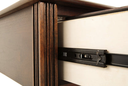 Underside view of end table with metal drawer slide hardware