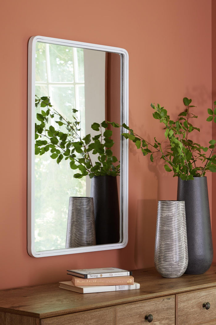 Brocky wall-mounted rectangle accent mirror with white rounded frame, vertical view