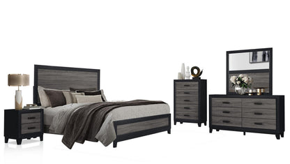 Two-drawer dark nightstand with black frame and metal handles