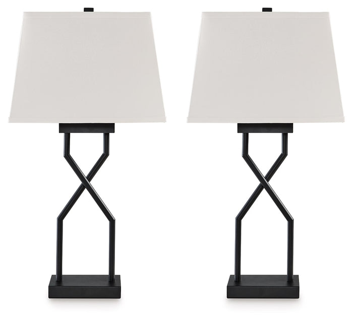 Set of two table lamps: white shades, black X-shaped bases