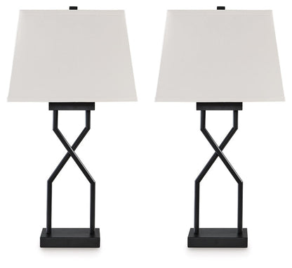Set of two table lamps: white shades, black X-shaped bases
