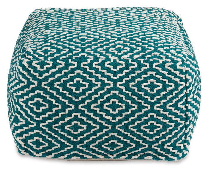 Teal geometric pouf side view with repeating cross-in-diamond motifs.