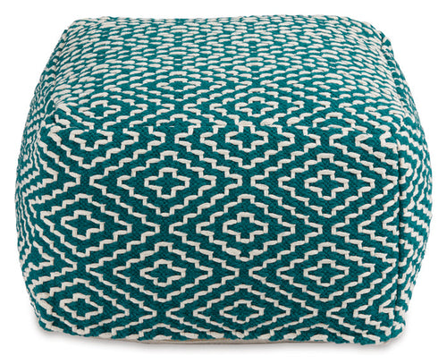 Teal geometric pouf side view with repeating cross-in-diamond motifs.