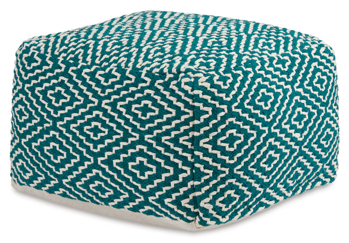 Teal geometric pouf with diamond and cross pattern, rounded cube form.